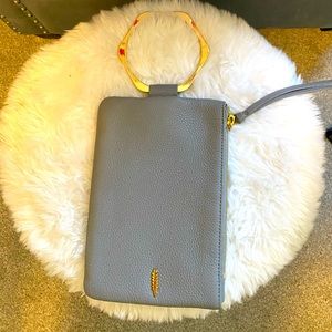 Gray Leather Clutch with Gold Accents